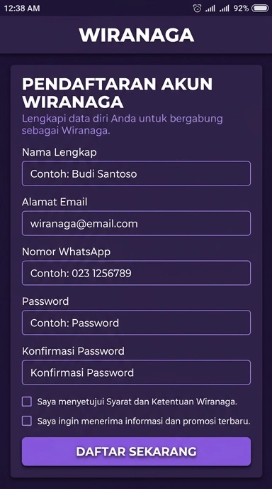 Tampilan halaman daftar wiranaga